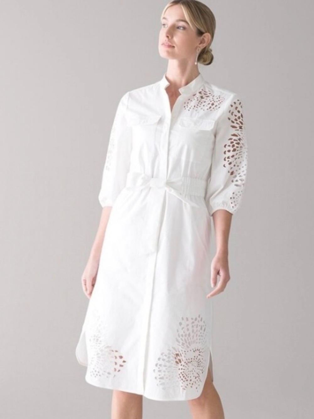 White Eyelet Shirt Dress with Tie Waist - Picture 2 of 5
